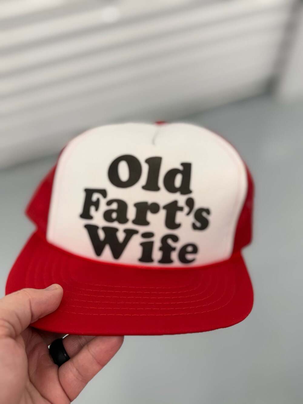 Vintage Old Farts Wife Funny Graphic Foam Trucker Hat Red White Snapback